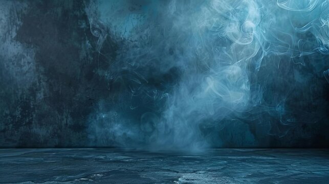 Empty dark blue cement wall in studio with ethereal floating smoke, abstract interior background