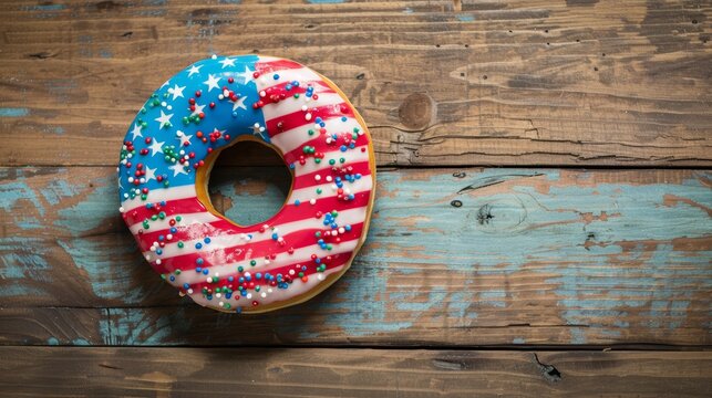 Blue Frosted Donut With White Stars And Assorted Red, White, And Blue Sprinkles On A Weathered Wooden Surface