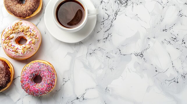 Donuts with pink icing and chocolate sprinkles, one with cocoa dusting, accompanied by black coffee on a white marble background