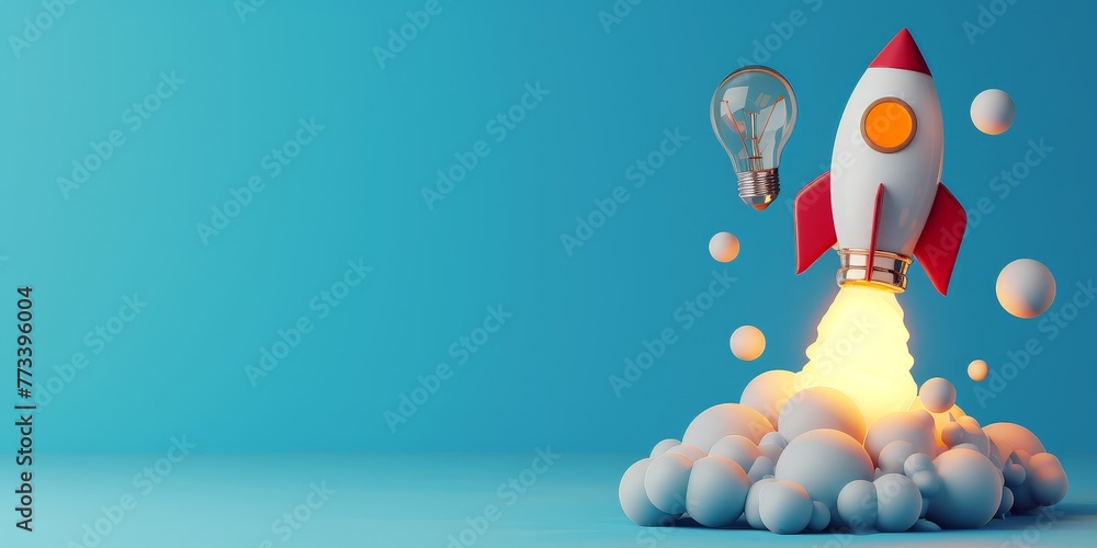 Sticker Rocket taking off and light bulb on blue background with copy space, startup ideas concept