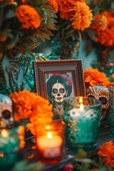Elaborate Dia de los Muertos shrine with a framed portrait