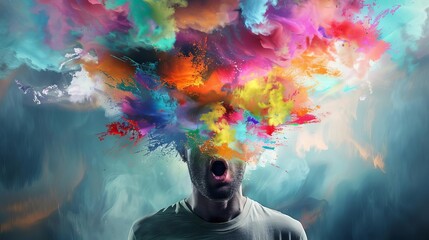 Explosion of colors from artist's head, creative inspiration concept illustration - obrazy, fototapety, plakaty