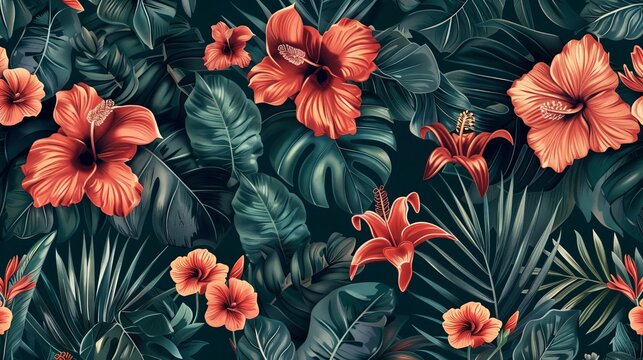 Exotic floral pattern wallpaper, vintage botanical print, seamless textile design, digital illustration