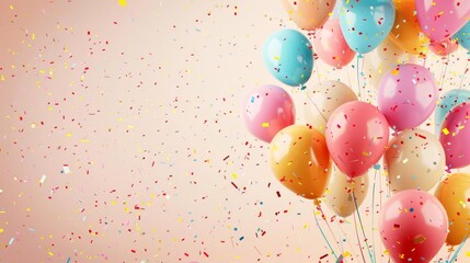 Festive birthday background with colorful balloons and confetti, celebration card or invitation design