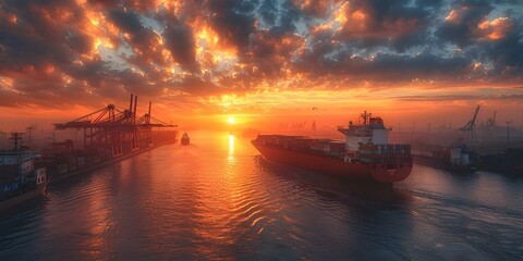 Container cargo ship and cargo plane in shipyard at sunrise showcasing logistics in importexport transport industry. Concept Logistics, Import/Export, Transportation, Cargo Ship, Cargo Plane