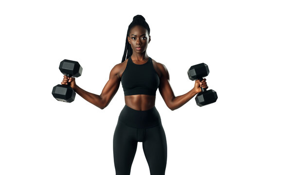 Sporty woman with dumbbells on white background.