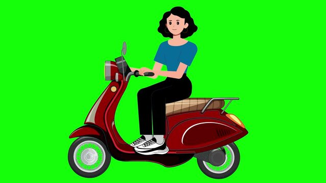 Girl riding on a scooter on green screen, riding  movement, girl riding, riding, ride, transportation, people, 2d animation, animation, girl, 2d motorcycle, girl, mood, riding mood, green screen