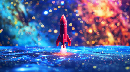 Launch of a red toy rocket on colorful space background, 