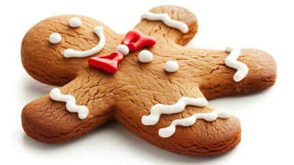 Festive gingerbread man cookie with glossy icing isolated on white, Christmas decoration close-up