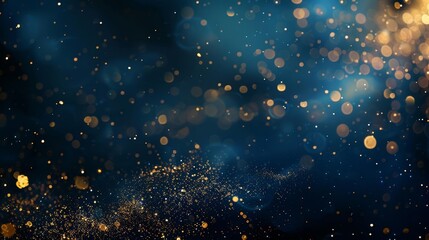 Festive dark blue background with shimmering gold particles, luxurious Christmas or New Year concept