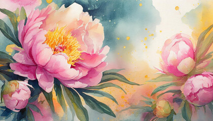 Watercolor painting of Peony flower. Botanical hand drawn art. Beautiful floral composition.