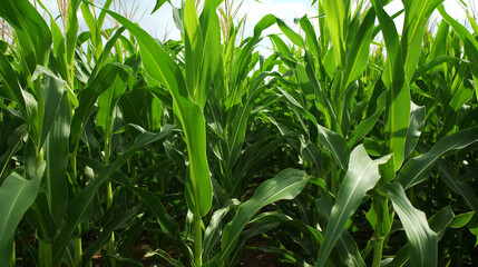 Rzędy zielonej kukurydzy rosnącej na majestatycznym polu - obrazy, fototapety, plakaty