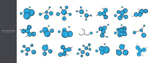 A set of models of molecules and molecular compounds in blue on a white background. A collection of icons of atoms, molecules, and chemical structures. Vector EPS 10.