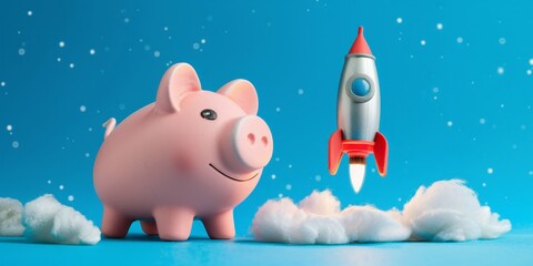Rocket taking off and piggy bank on blue background, startup investment concept