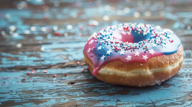 Glazed doughnut with patriotic red, white, and blue sprinkles on wooden background
