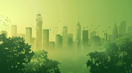 Fototapeta na wymiar Cityscape with skyscrapers, trees and birds on green background. AI.