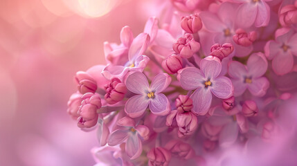 Branch of lilac flowers on a soft blurred background. Spring background. AI.