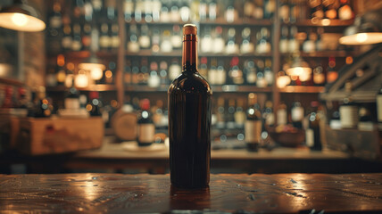 A wine bottle on a wooden table with a blurry bar background. - obrazy, fototapety, plakaty