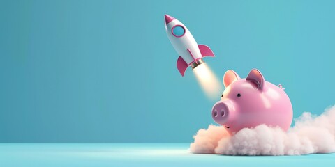 Rocket taking off and piggy bank on blue background with copy space, startup investment concept