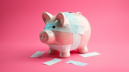 Piggy bank with bandages on pink background, torn paper strips. High-angle studio shot with copy space