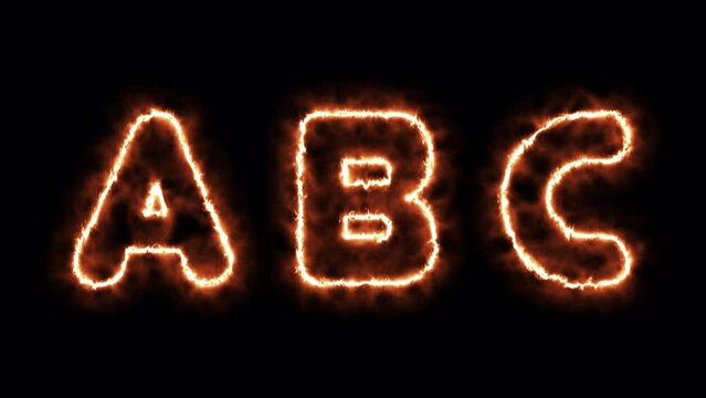 Animated alphabet letters "A B C" with fire effect , transparent background with alpha channel	