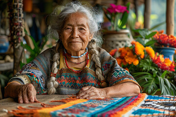Elderly Latin Artisan Woman in Poncho - obrazy, fototapety, plakaty