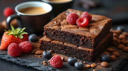 Rich and fudgy brownies with fudgy middles and the best crinkly tops, cinematic dessert photography - obrazy, fototapety, plakaty