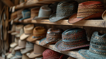 Rows of various hats on a shelf - Powered by Adobe