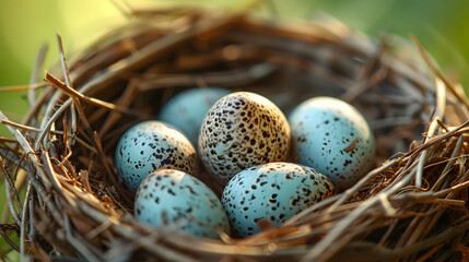 Naklejka na ściany i meble Close-up of speckled Easter eggs in a warm, sunlit nest, evoking the cozy essence of spring..