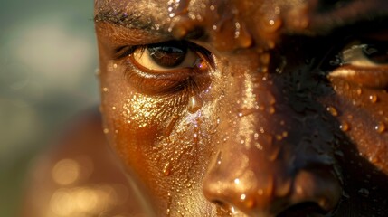 Macro shot of an athlete's eye with golden sweat drops. Detailed fitness portrait. Endurance and strength concept