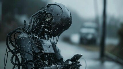 Fototapeta premium A robot using a mobile phone