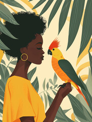 Woman with parrot, serene, tropical bird interaction in a lush environment