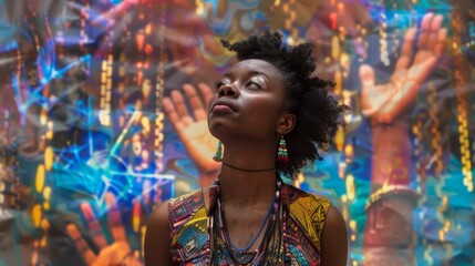 Woman in ethnic attire looking upwards with colorful mural in background. Portrait photography with...
