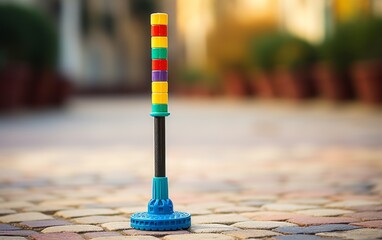 A colorful toy pole stands out against the textured cobblestone street in a playful display of movement and contrast