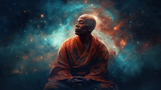 Buddhist monk meditates. Spiritual mentor, guru. Meditation, connection with the subconscious, connection with the universe, God, body, spirituality, religion, yoga. Yoga club.