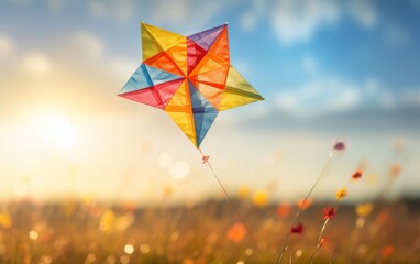 A colorful kite gracefully glides above a vibrant field of flowers