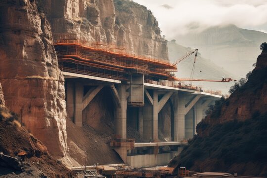 A bridge under construction in a canyon, Arch bridge over river creek in canyon, pacific coast highway scenic road, Ai generated