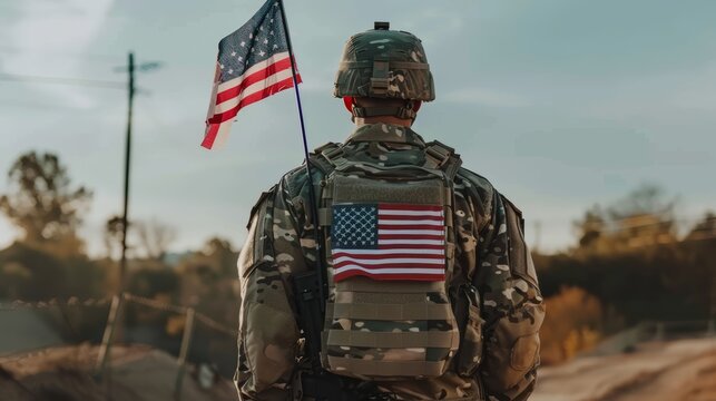 American soldier standing with flag in the field. Homeland defense and military service concept.