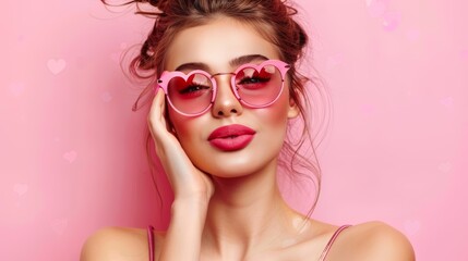 Portrait of woman with pink heart sunglasses on pink background. - obrazy, fototapety, plakaty