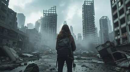 Post-apocalyptic city ruins with awestruck teenage girl survivor - obrazy, fototapety, plakaty