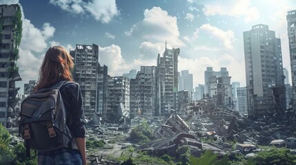 Naklejka premium Post-apocalyptic city ruins with awestruck teenage girl survivor