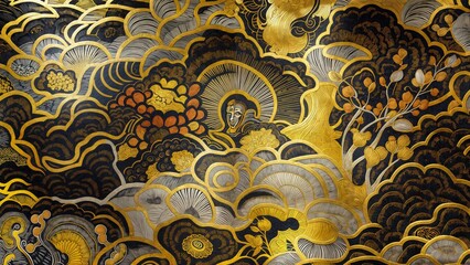 Detailed close-up view of a painting featuring gold and black colors, showcasing intricate brush strokes and textures