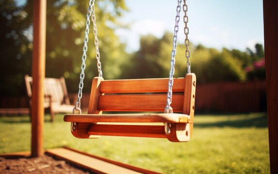 A charming wooden swing sits peacefully in the center of a lush yard, soaking up the sunlight
