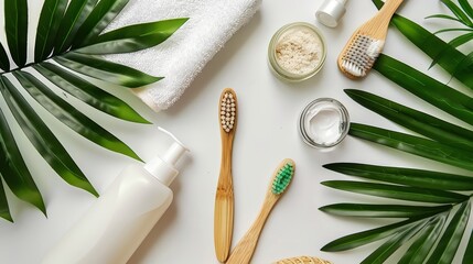 Eco-conscious bathroom essentials with green tropical leaves on a white background. Sustainable toiletries and skincare flat lay - obrazy, fototapety, plakaty
