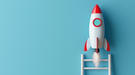 Rocket taking off over white ladder on blue background, startup concept with copy space	