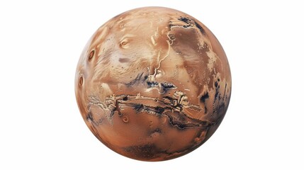 Realistic Mars planet isolated on white background, red rocky surface with craters and details, 3D rendering
