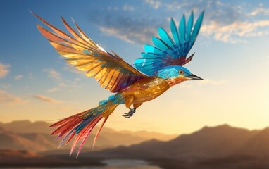 A colorful bird gracefully soars above a shimmering body of water