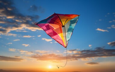 A vibrant kite soars gracefully against the colorful sky as the sun sets in the background