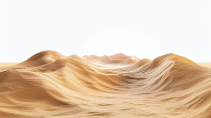 Realistic sand dunes in a vast desert landscape, isolated on white background, 3D rendering
