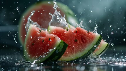 Sliced watermelon with water splashes on a dark background. Macro shot with vivid colors